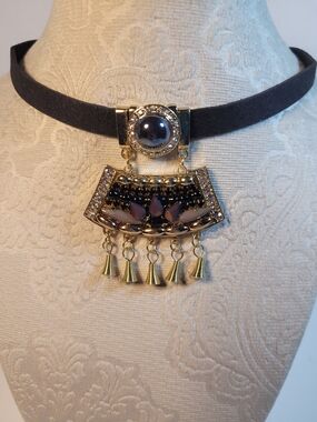 Gold-Tone Black and Purple Pendant Choker Necklace by